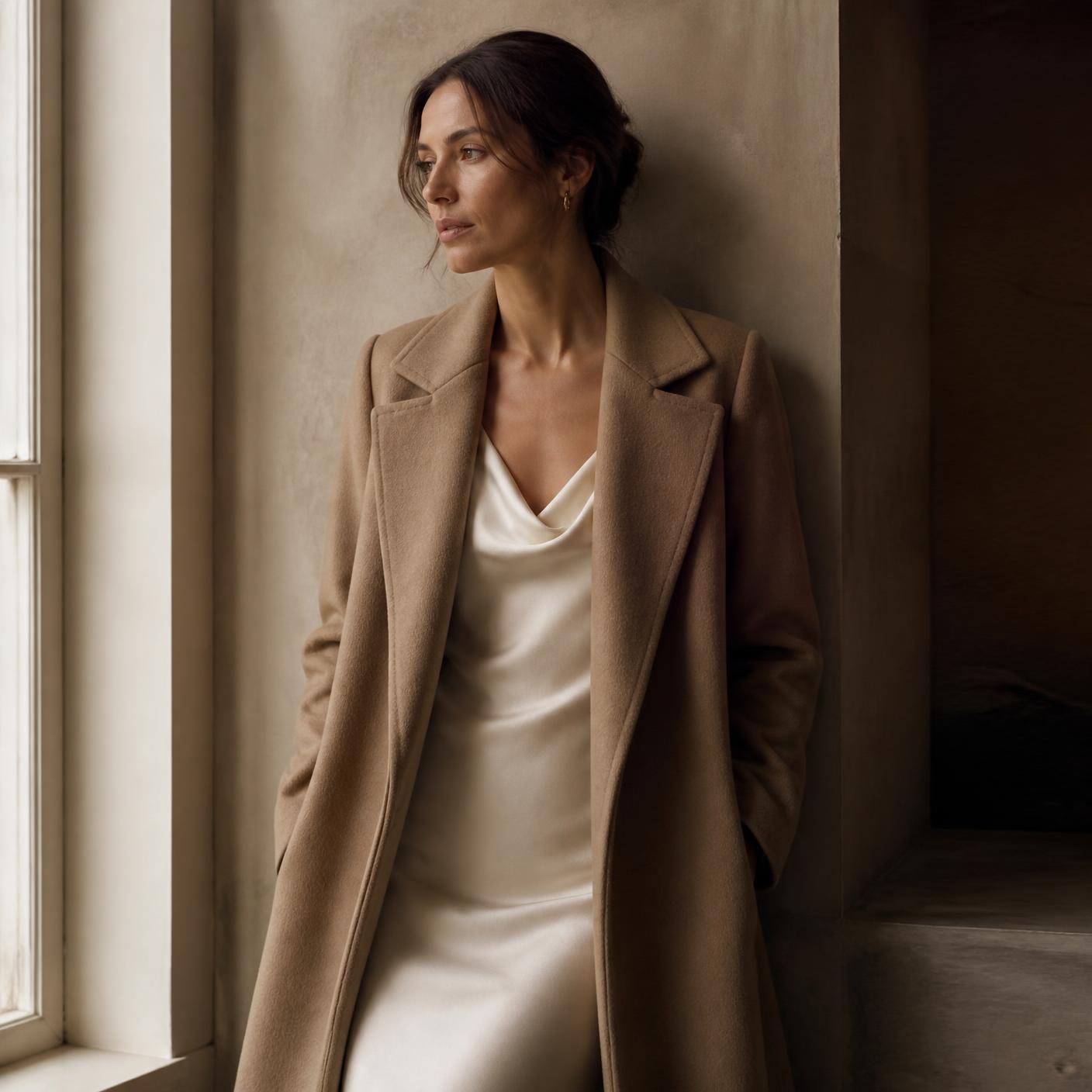 A woman in a camel wool coat and ivory slip dress in soft daylight